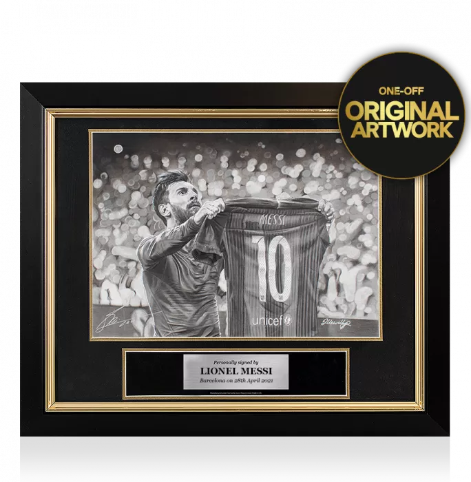 Original Lionel Messi Official Signed and Premium Framed Tribute Artwork: Iconic Clasico Celebration