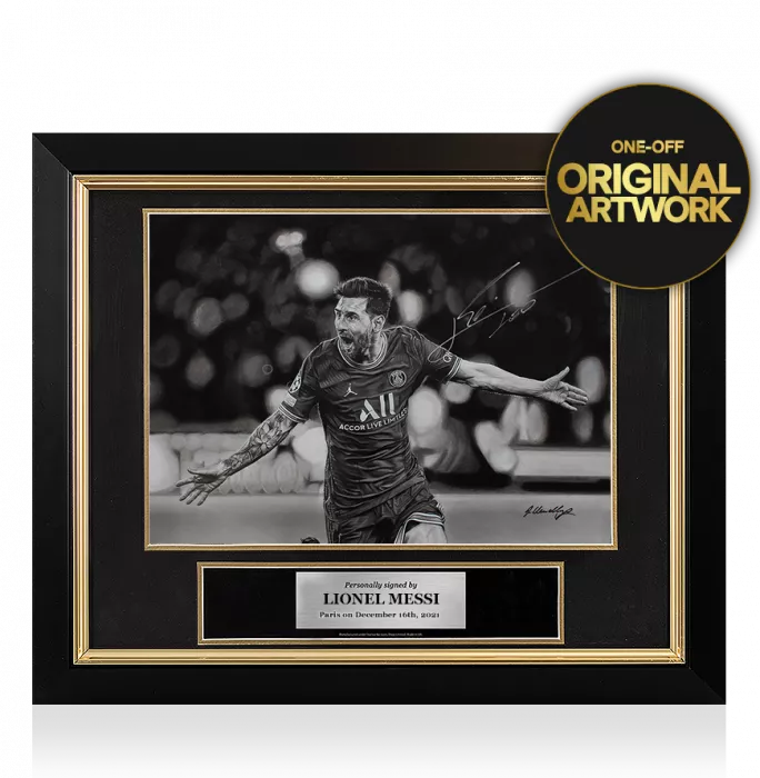 Original Lionel Messi Official Signed and Premium Framed Tribute Artwork: UCL Goal vs Manchester City