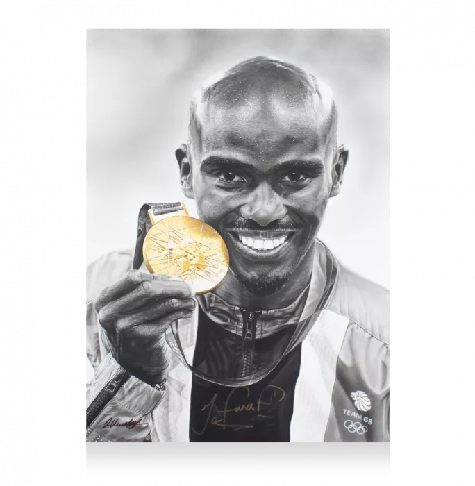 Original Sir Mo Farah Signed And Premium Framed Tribute Artwork: Gold Medallist