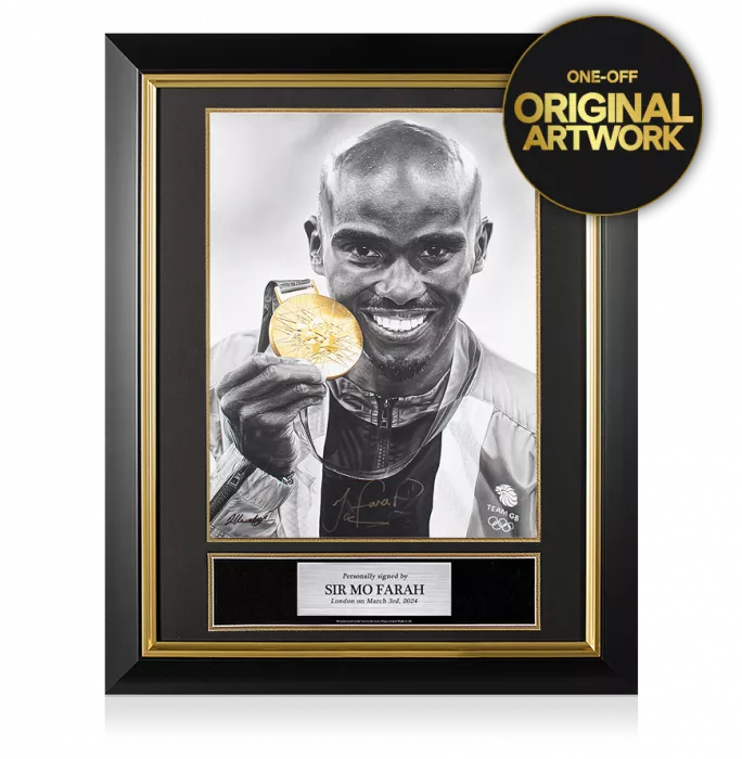 Original Sir Mo Farah Signed and Premium Framed Tribute Artwork: Gold Medallist