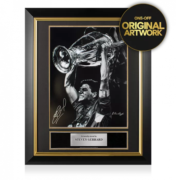 Original Steven Gerrard Signed Tribute Artwork In Premium Frame: 2005 UEFA Champions League Winner