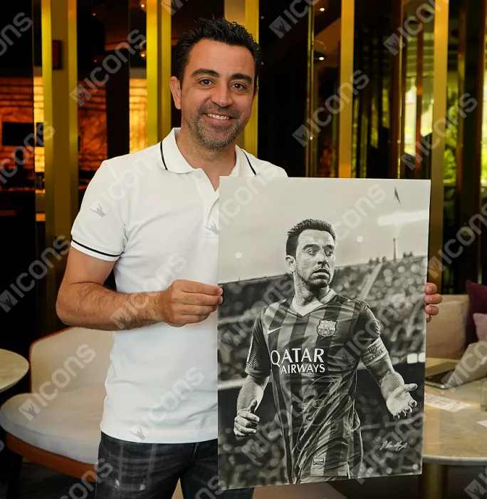 Original Xavi Signed And Premium Framed FC Barcelona Tribute Artwork: Blaugrana Legend