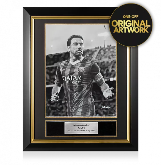 Original Xavi Signed and Premium Framed FC Barcelona Tribute Artwork: Blaugrana Legend