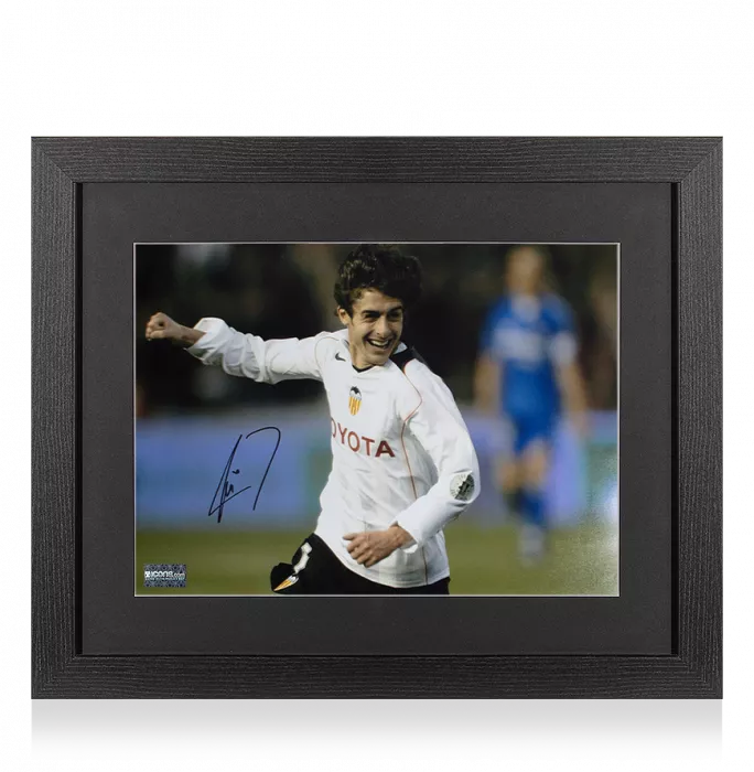 Pablo Aimar Signed Valencia CF Photo In Black Wooden Frame: Goal vs Real Madrid CF