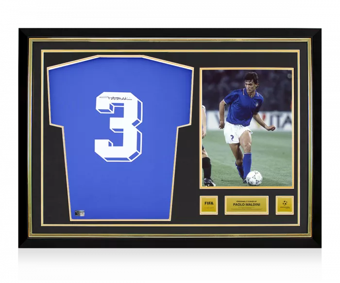 Paolo Maldini Official 1990 FIFA World Cup™ Back Signed and Hero Framed Italy 1990 Home Shirt with Fan Style Number