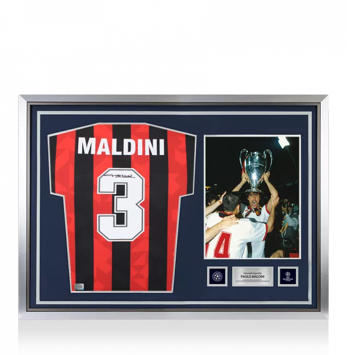 Paolo Maldini Official UEFA Champions League Back Signed and Hero Framed 1994 AC Milan Home Shirt