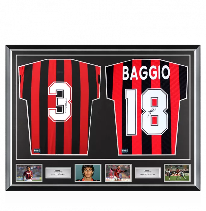 Paolo Maldini & Roberto Baggio Signed AC Milan Shirts In Classic Dual Frame
