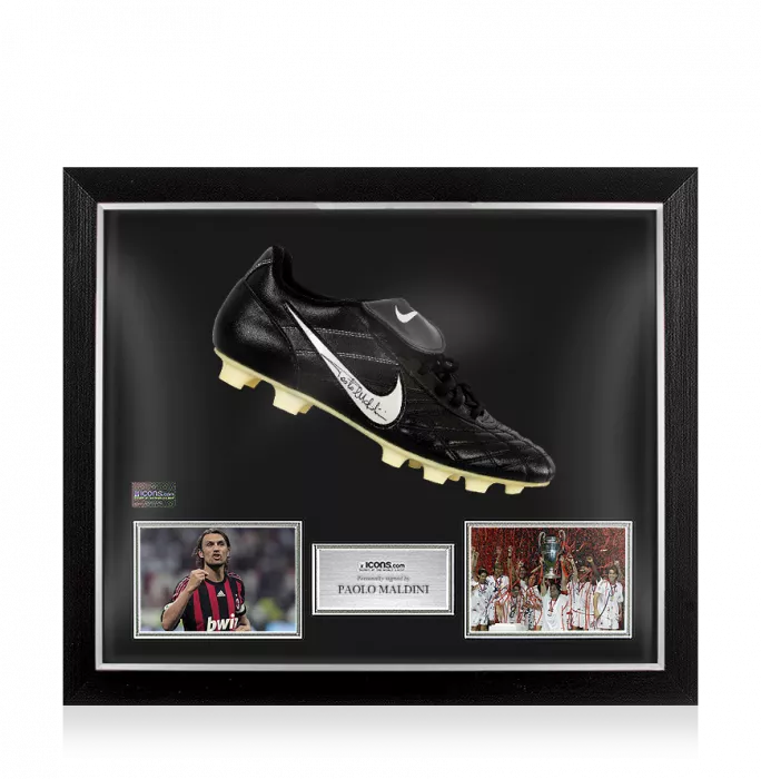 Paolo Maldini Signed Black Nike Tiempo Boot In Bubble Frame: Option 1