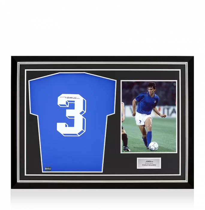 Paolo Maldini Signed Italy 1990 Home Shirt with Fan Style Number In Hero Frame: Option 1