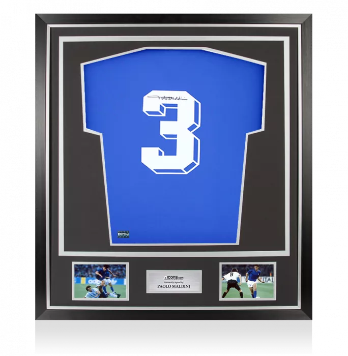 Paolo Maldini Signed Italy 1990 Home Shirt with Fan Style Number In Classic Frame