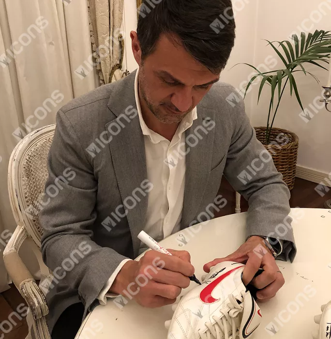 Paolo Maldini Signed White Nike Tiempo Boot In Acrylic Case