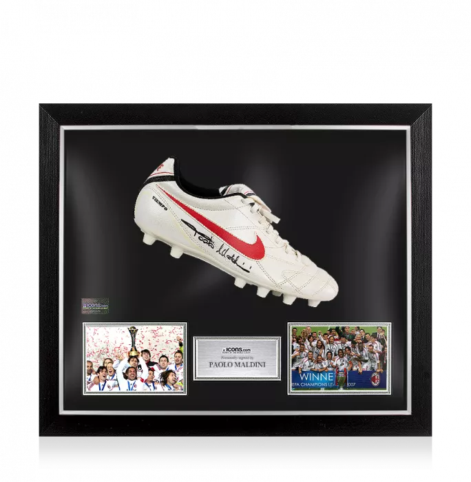 Paolo Maldini Signed White Nike Tiempo Boot In Bubble Frame: Option 1