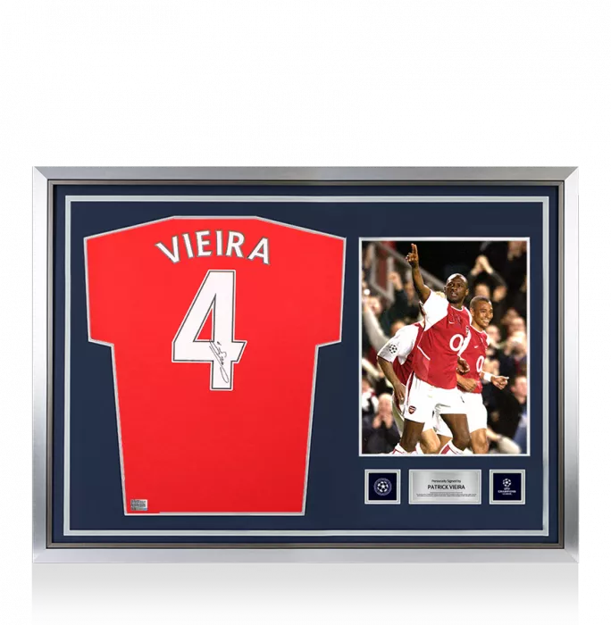 Patrick Vieira Official UEFA Champions League Back Signed And Hero Framed Arsenal Retro Home Shirt