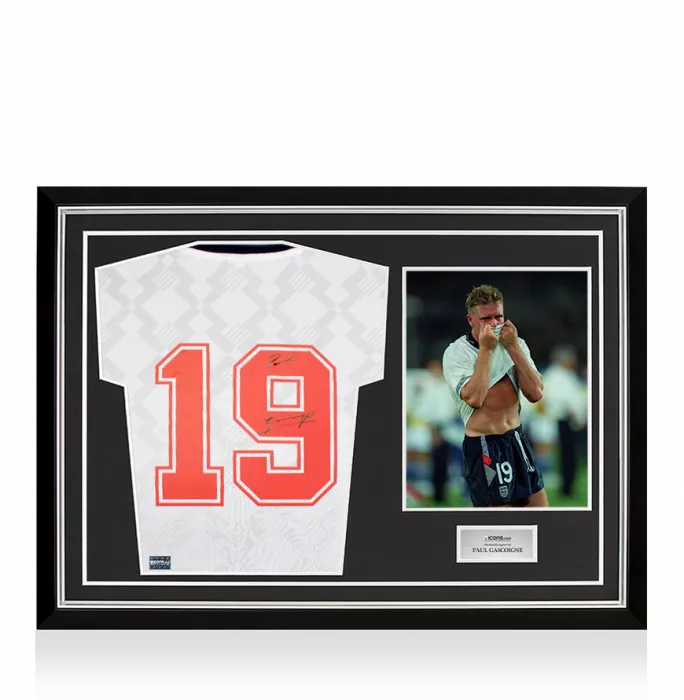Paul Gascoigne Back Signed England 1990 Home Shirt In Hero Frame: Option 1