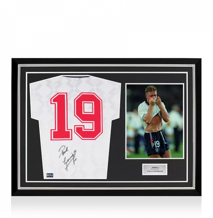 Paul Gascoigne Back Signed England 1990 Home Shirt In Hero Frame: Option 1