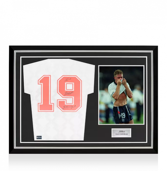 Paul Gascoigne Back Signed England 1990 Home Shirt In Hero Frame: Option 1
