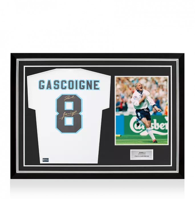 Paul Gascoigne Back Signed England 1996 Home Shirt In Hero Frame: Option 1