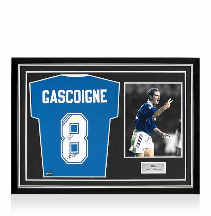 Paul Gascoigne Back Signed Rangers Training 2019-20 Home Shirt In Hero Frame: Option 1