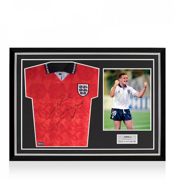 Paul Gascoigne Front Signed England 1990 Away Shirt Home Shirt In Hero Frame: Option 1