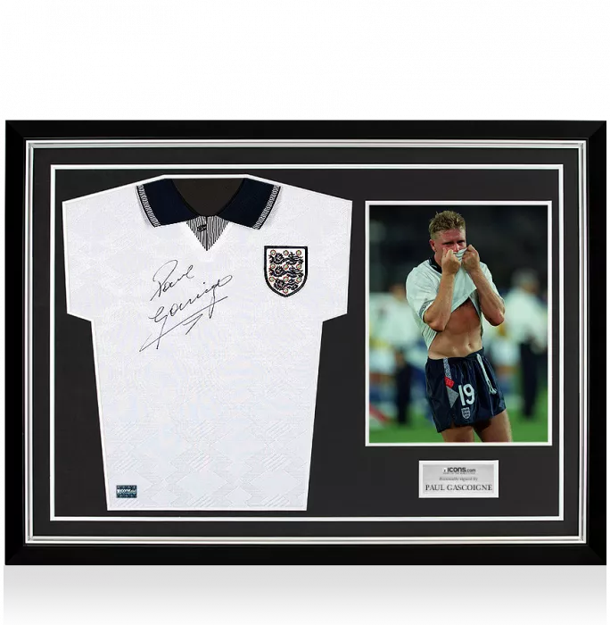 Paul Gascoigne Front Signed England 1990 Home Shirt In Hero Frame: Option 1