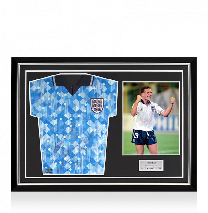 Paul Gascoigne Front Signed England 1990 Third Shirt Home Shirt In Hero Frame: Option 1