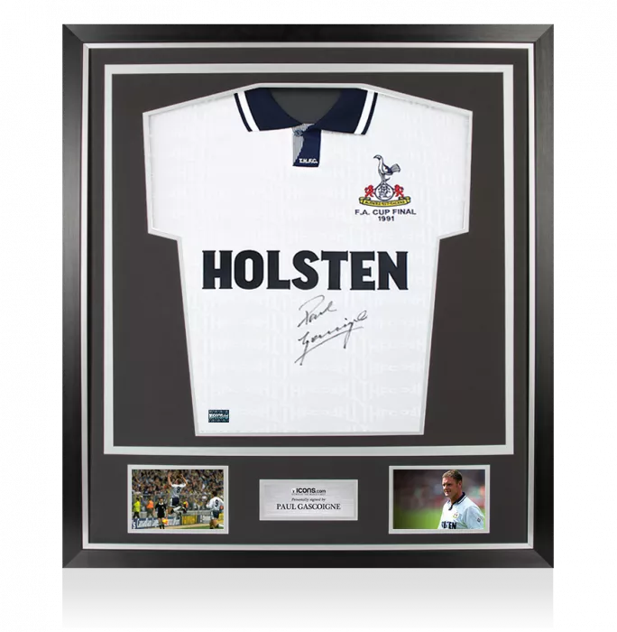 Paul Gascoigne Front Signed Tottenham Hotspur 1991 FA Cup Final Shirt In Classic Frame
