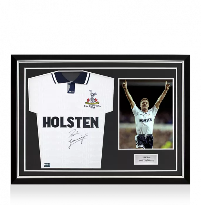 Paul Gascoigne Front Signed Tottenham Hotspur 1991 FA Cup Final Shirt In Hero Frame: Option 1