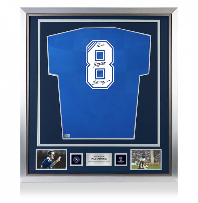 Paul Gascoigne Official UEFA Champions League Back Signed and Framed Rangers 2016-18 Home Shirt