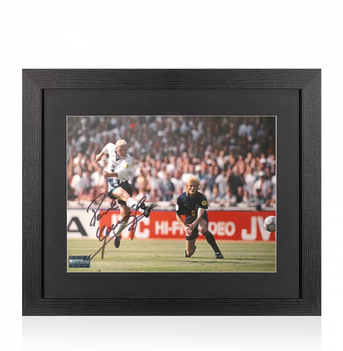 Paul Gascoigne Signed England Photo In Black Wooden Frame: vs Scotland EURO 96 Goal
