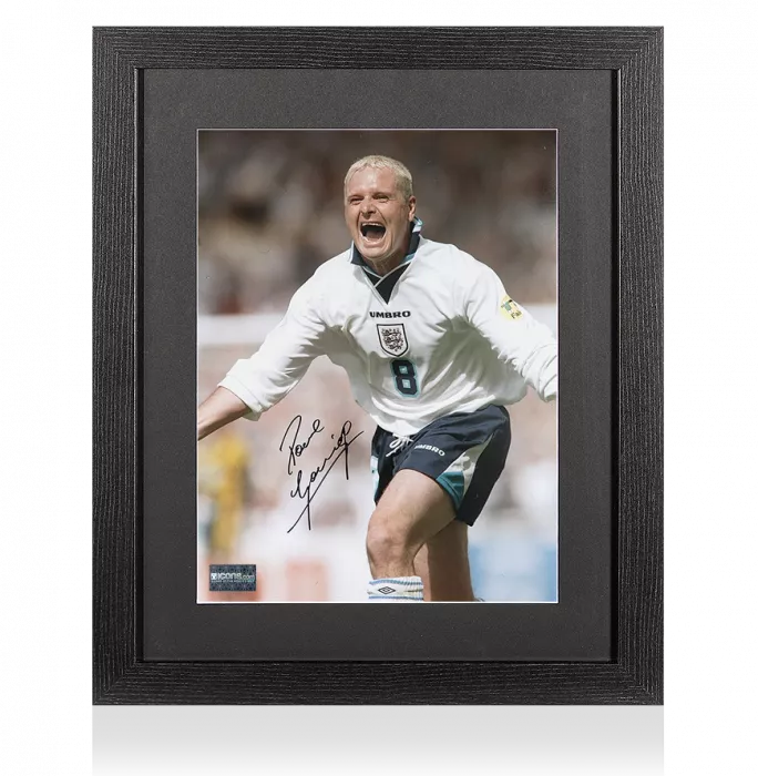 Paul Gascoigne Signed England Photo In Black Wooden Frame: UEFA EURO 96 Celebration