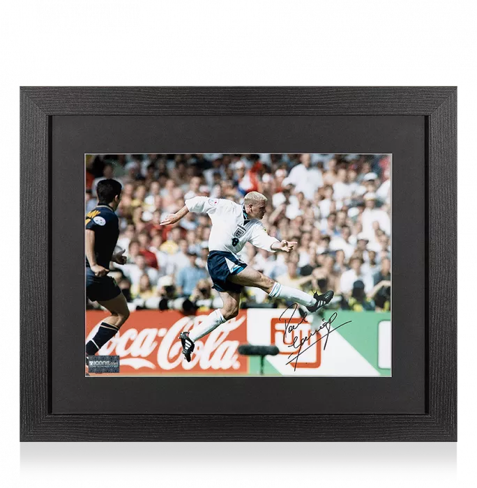 Paul Gascoigne Signed England Photo In Black Wooden Frame: Legendary UEFA EURO 1996 Goal vs Scotland