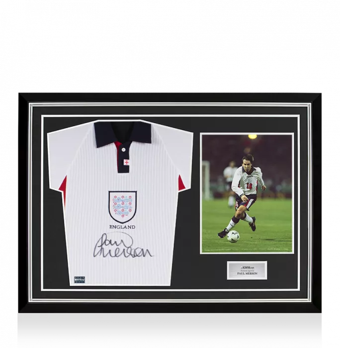Paul Merson Front Signed England 1998 Home Shirt In Hero Frame: Option 1