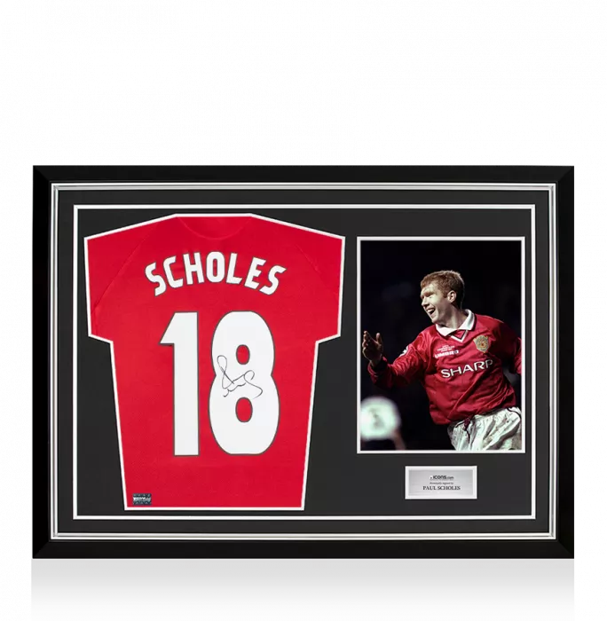 Paul Scholes Back Signed 1999 Manchester United Home Shirt: UCL Edition In Hero Frame: Option 1
