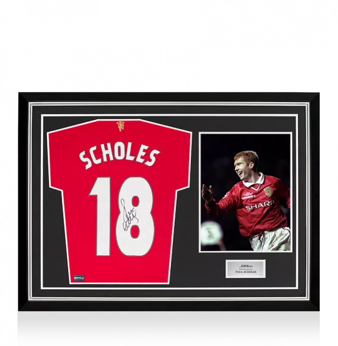 Paul Scholes Back Signed Manchester United 2021-22 Home Shirt: UCL Edition In Hero Frame: Option 1