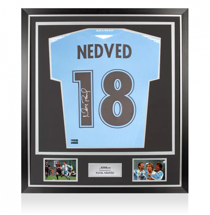 Pavel Nedved Back Signed Modern SS Lazio Home Shirt with Fan Style Numbers In Classic Frame