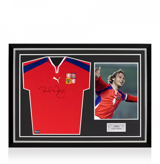 Pavel Nedved Front Signed Retro Czech Republic Home Shirt In Hero Frame: Option 1