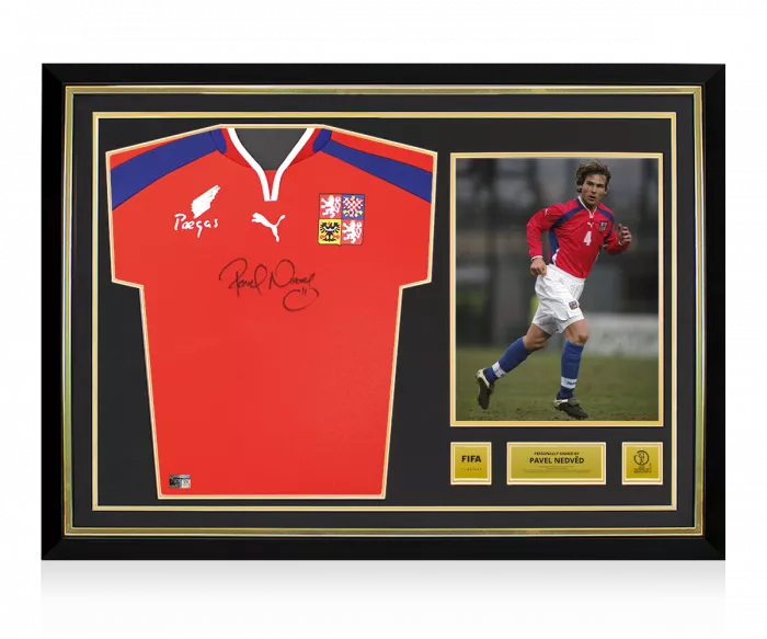 Pavel Nedved Official 2002 FIFA World Cup™ Front Signed and Hero Framed Czech Republic 2000-02 Home Shirt