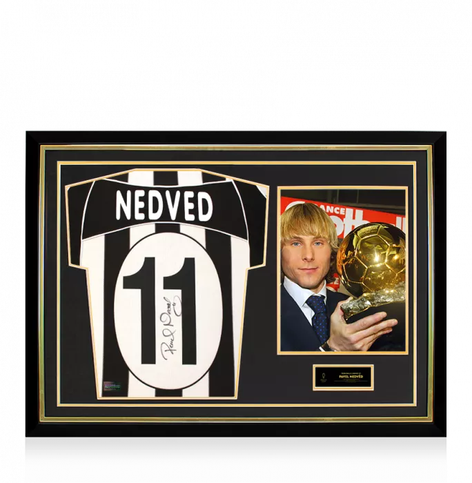 Pavel Nedved Official Ballon d'Or™ Back Signed and Hero Framed Juventus 2002-03 Home Shirt