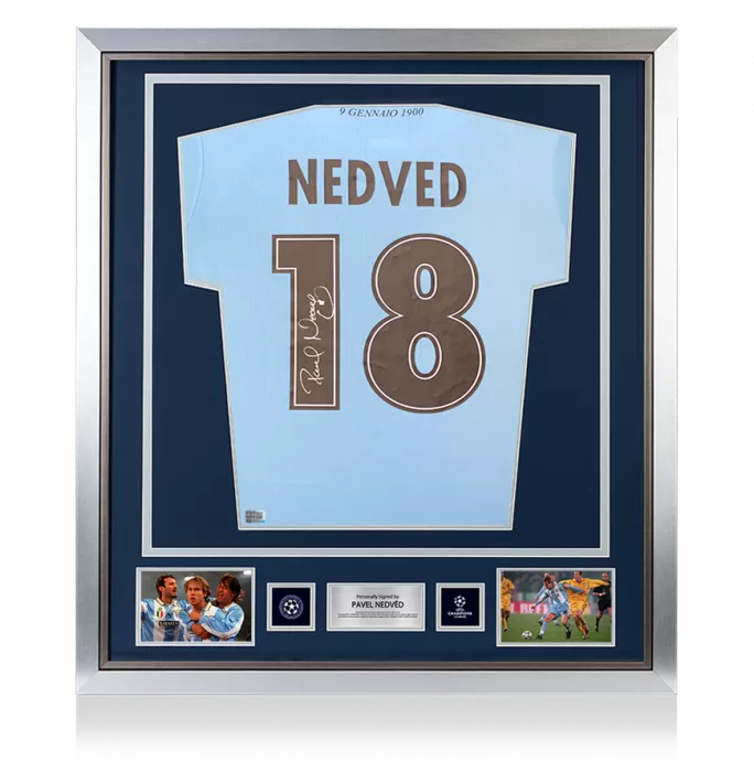 Pavel Nedved Official UEFA Champions League Back Signed and Framed SS Lazio 2025-26 Home Shirt with Fan Style Numbers
