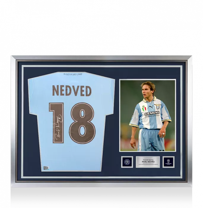 Pavel Nedved Official UEFA Champions League Back Signed And Hero Framed SS Lazio 2025-26 Home Shirt With Fan Style Numbers