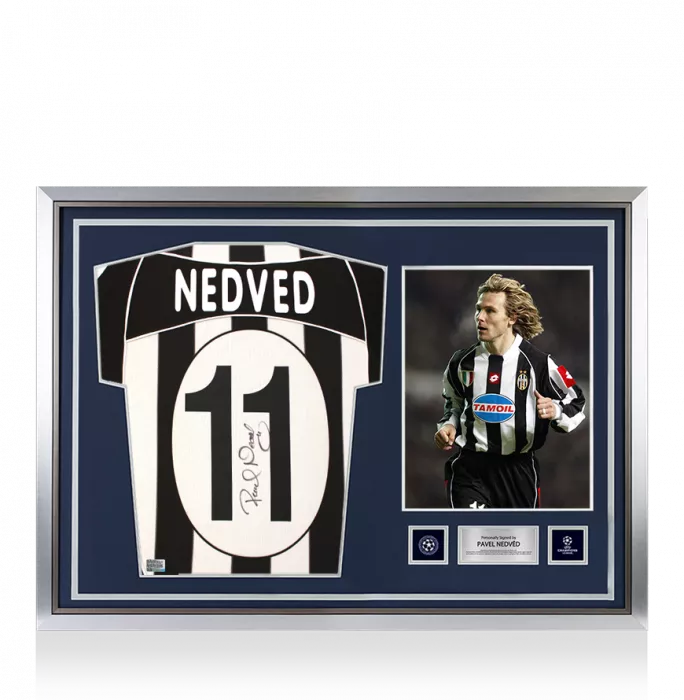 Pavel Nedved Official UEFA Champions League Back Signed and Hero Framed Juventus 2002-03 Home Shirt