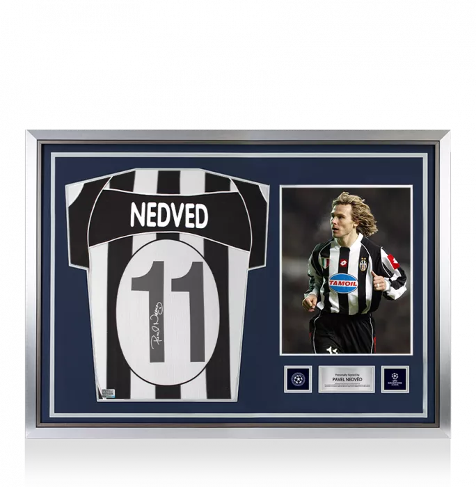 Pavel Nedved Official UEFA Champions League Back Signed and Hero Framed Juventus 2002-03 Home Shirt with Fan Style Numbers