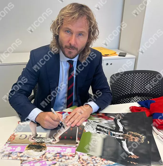 Pavel Nedved Signed Czech Republic Photo In Black Wooden Frame: 2003 Ballon D'Or Winner