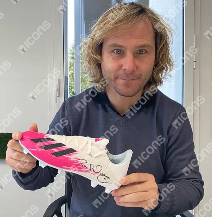 Pavel Nedved Signed Pink And White Adidas X 19.3 Boot In Acrylic Case