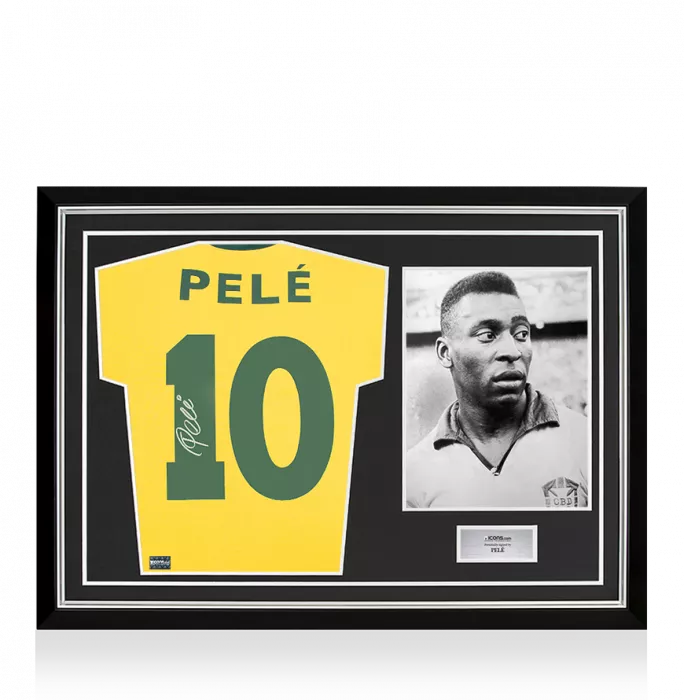 Pele Back Signed Brazil Retro Home Shirt In Hero Frame: Option 1