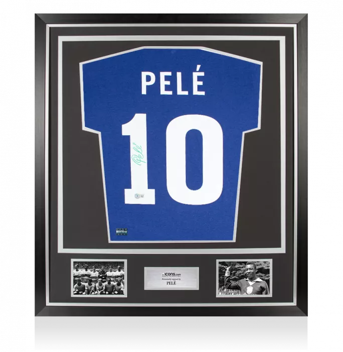 Pele Back Signed Retro Brazil Away Shirt In Classic Frame