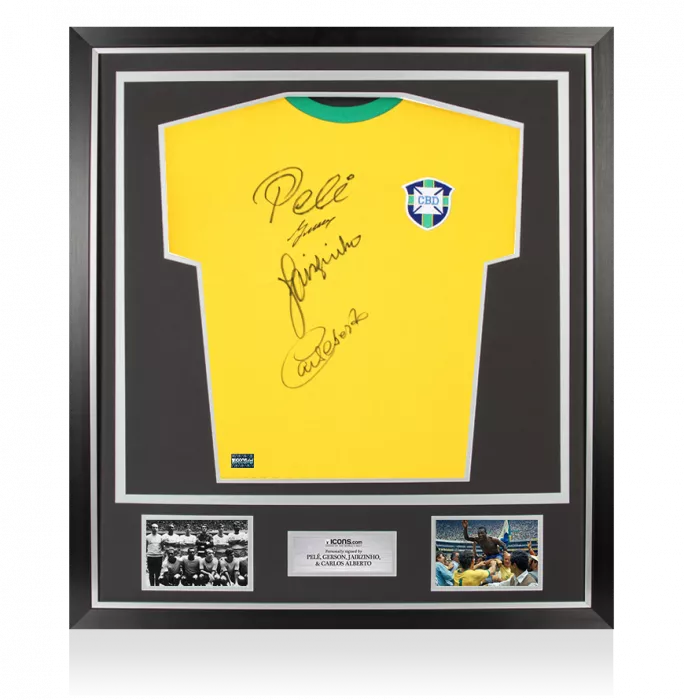 Pele Gerson Jairzinho and Carlos Alberto Front Signed Brazil 1970 Retro Shirt In Classic Frame