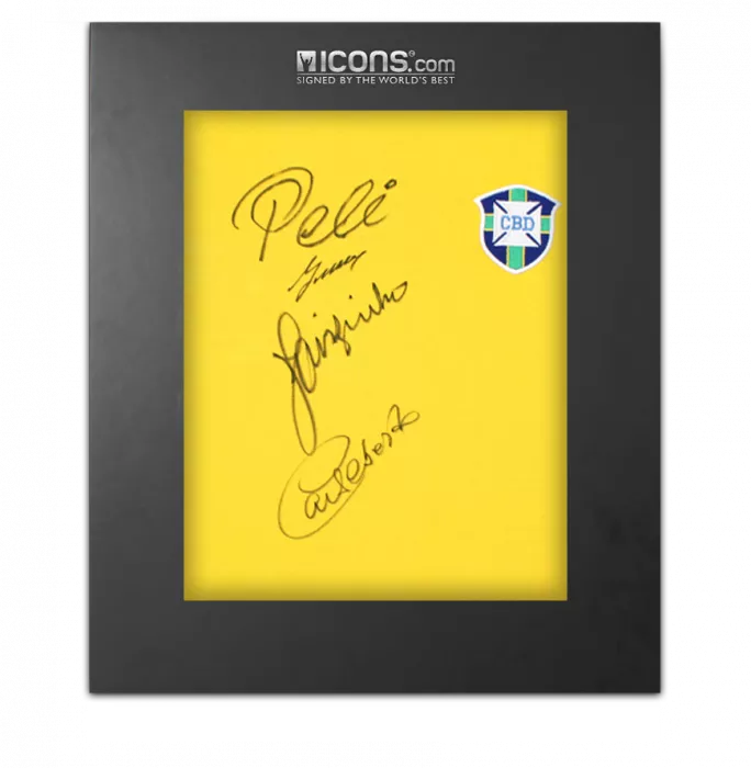 Pele Gerson Jairzinho and Carlos Alberto Front Signed Brazil 1970 Retro Shirt In Deluxe Packaging
