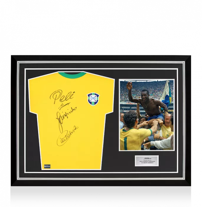 Pele Gerson Jairzinho and Carlos Alberto Front Signed Brazil 1970 Retro Shirt In Hero Frame: Option 1