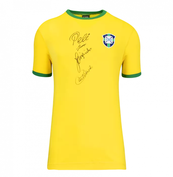 Pele Gerson Jairzinho And Carlos Alberto Official 1970 FIFA World Cup™ Signed And Framed Brazil 1970 Retro Shirt